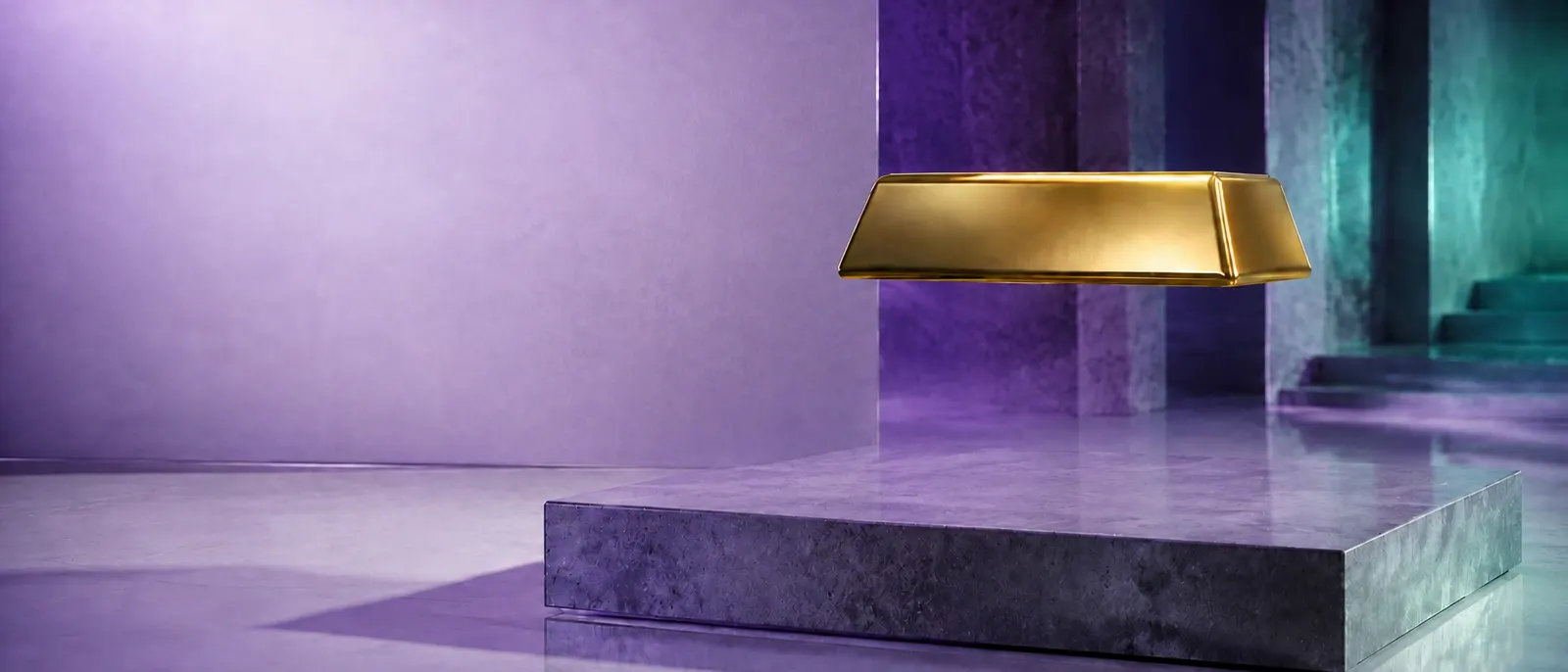 Gold floating above a violet stone plinth after its glass enclosure falls away